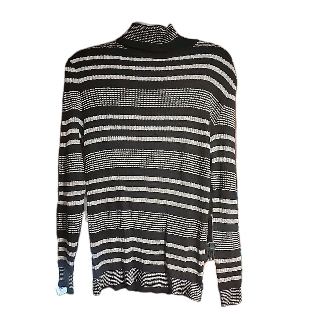 Atkins Women’s Sweater Large Vintage Hong Kong Black White Stripe Long Sleeve